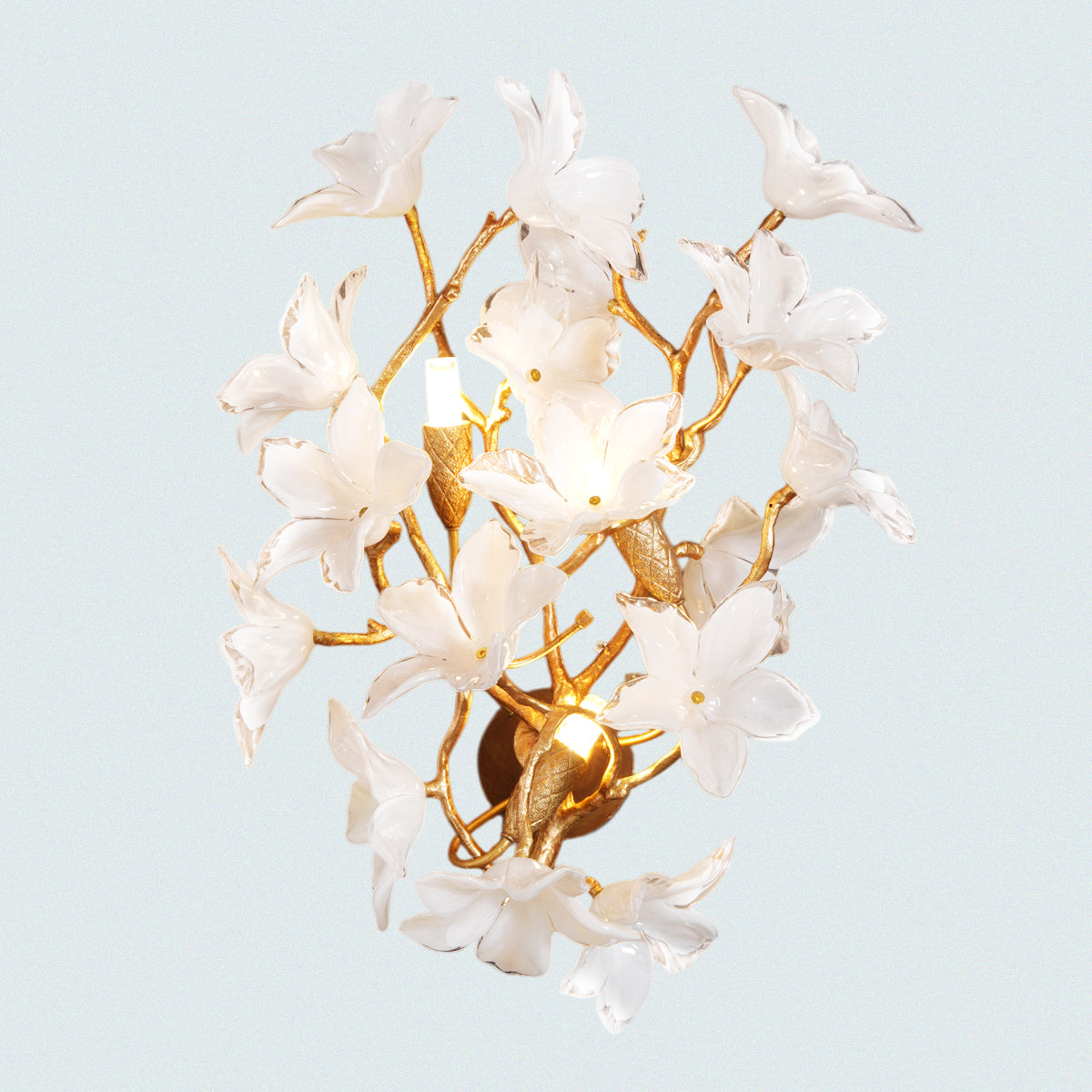 Artistic Floral Wall Sconce with White Glass Flowers