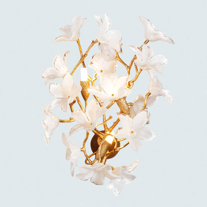 Artistic Floral Wall Sconce with White Glass Flowers