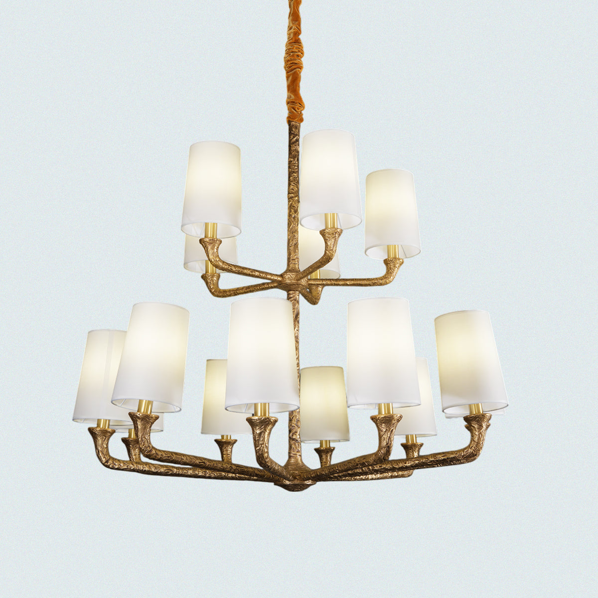 Two-Tier Vintage Chandelier with White Shades – Antique Gold Metal Frame