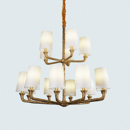 Two-Tier Vintage Chandelier with White Shades – Antique Gold Metal Frame