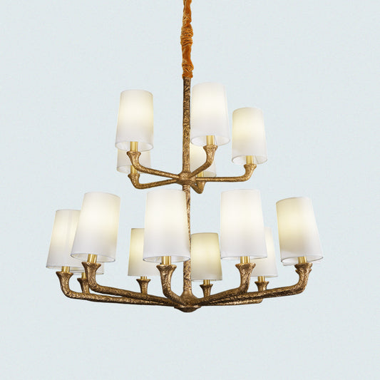 Two-Tier Vintage Chandelier with White Shades – Antique Gold Metal Frame