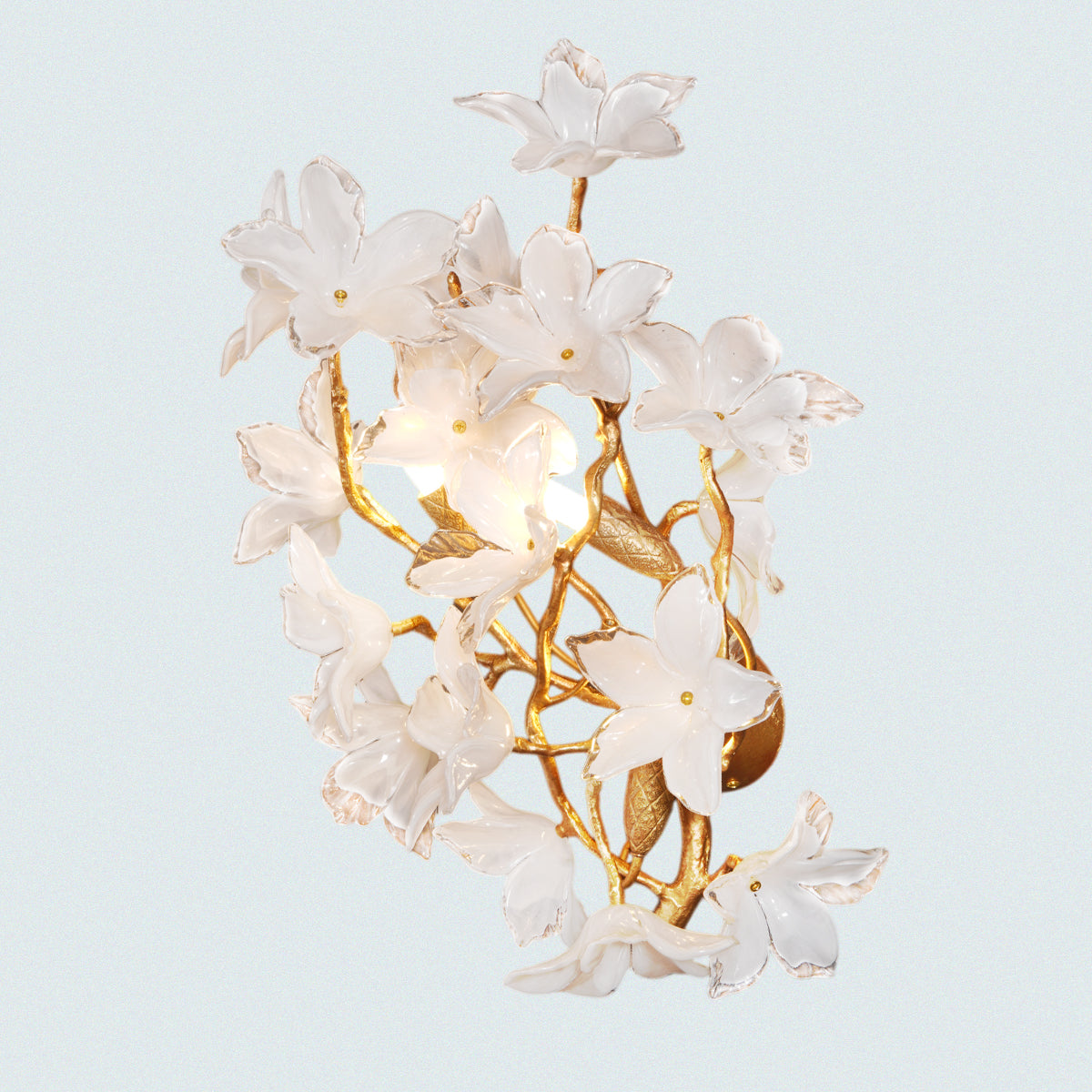 Artistic Floral Wall Sconce with White Glass Flowers