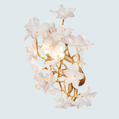 Artistic Floral Wall Sconce with White Glass Flowers