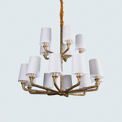 Two-Tier Vintage Chandelier with White Shades – Antique Gold Metal Frame