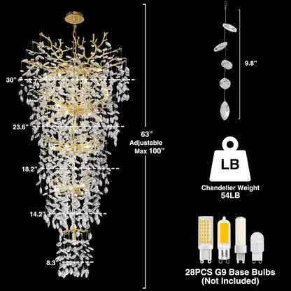 63'' Long Crystal Chandelier for High Ceiling, 28-Light Modern Gold Tree Branch Chandelier, Large Chandeliers for Foyer Entryway Staircase Living Room, 5-Tier Luxury K9 Crystal Raindrop Light Fixture