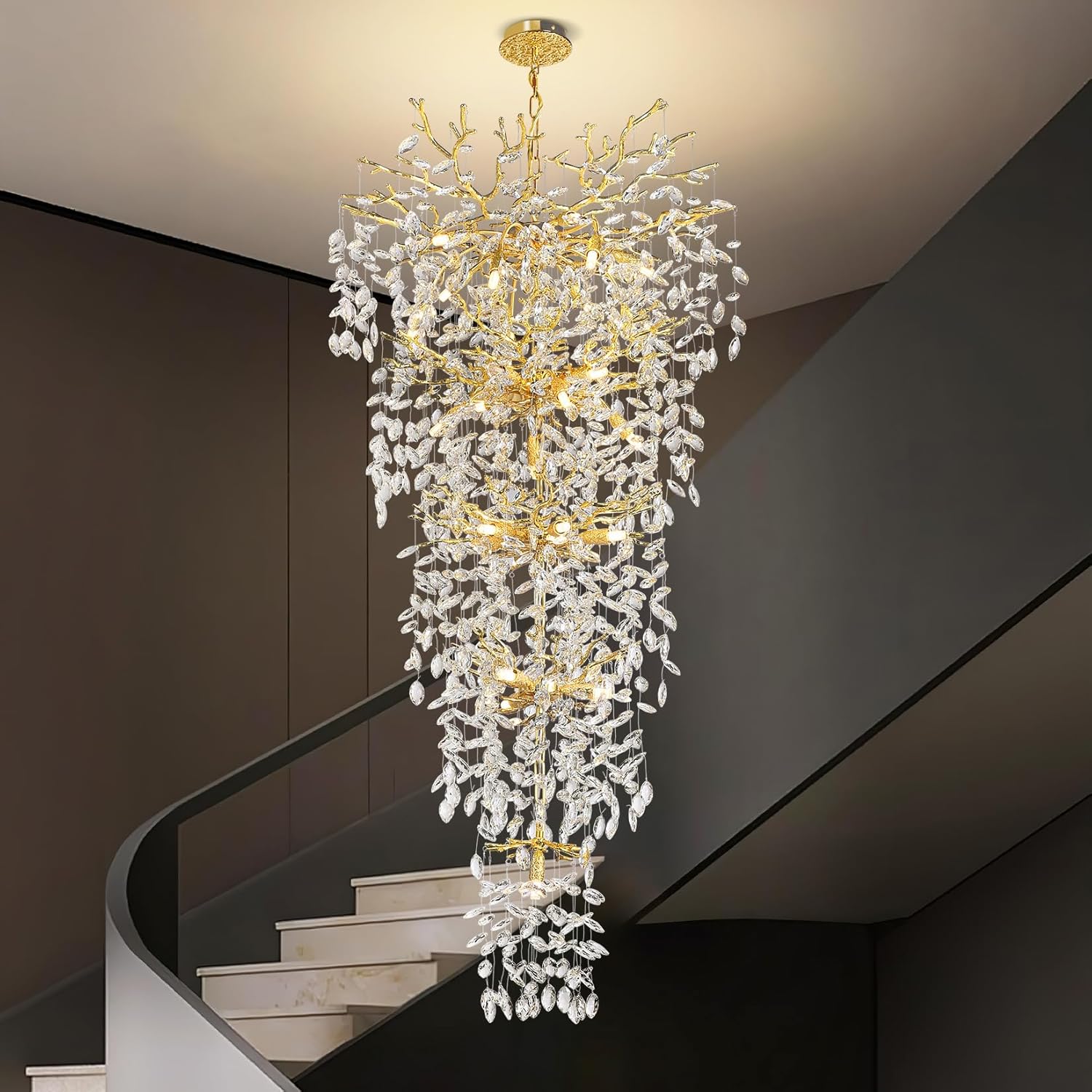 63'' Long Crystal Chandelier for High Ceiling, 28-Light Modern Gold Tree Branch Chandelier, Large Chandeliers for Foyer Entryway Staircase Living Room, 5-Tier Luxury K9 Crystal Raindrop Light Fixture