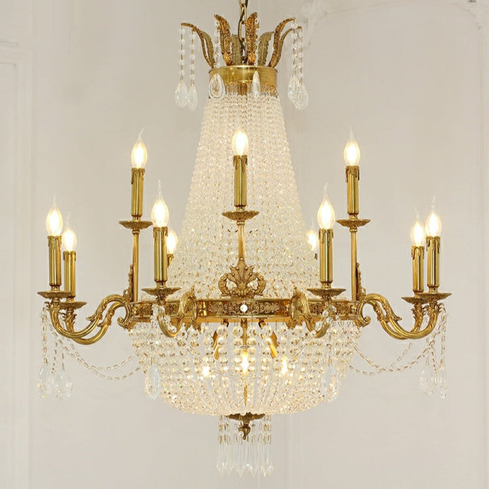 8/12/15 Lights Decorative Empire Brass Candles Crystal Chandelier Romantic Foyer Living Room Ceiling Light Fixture in Pure Copper Finish