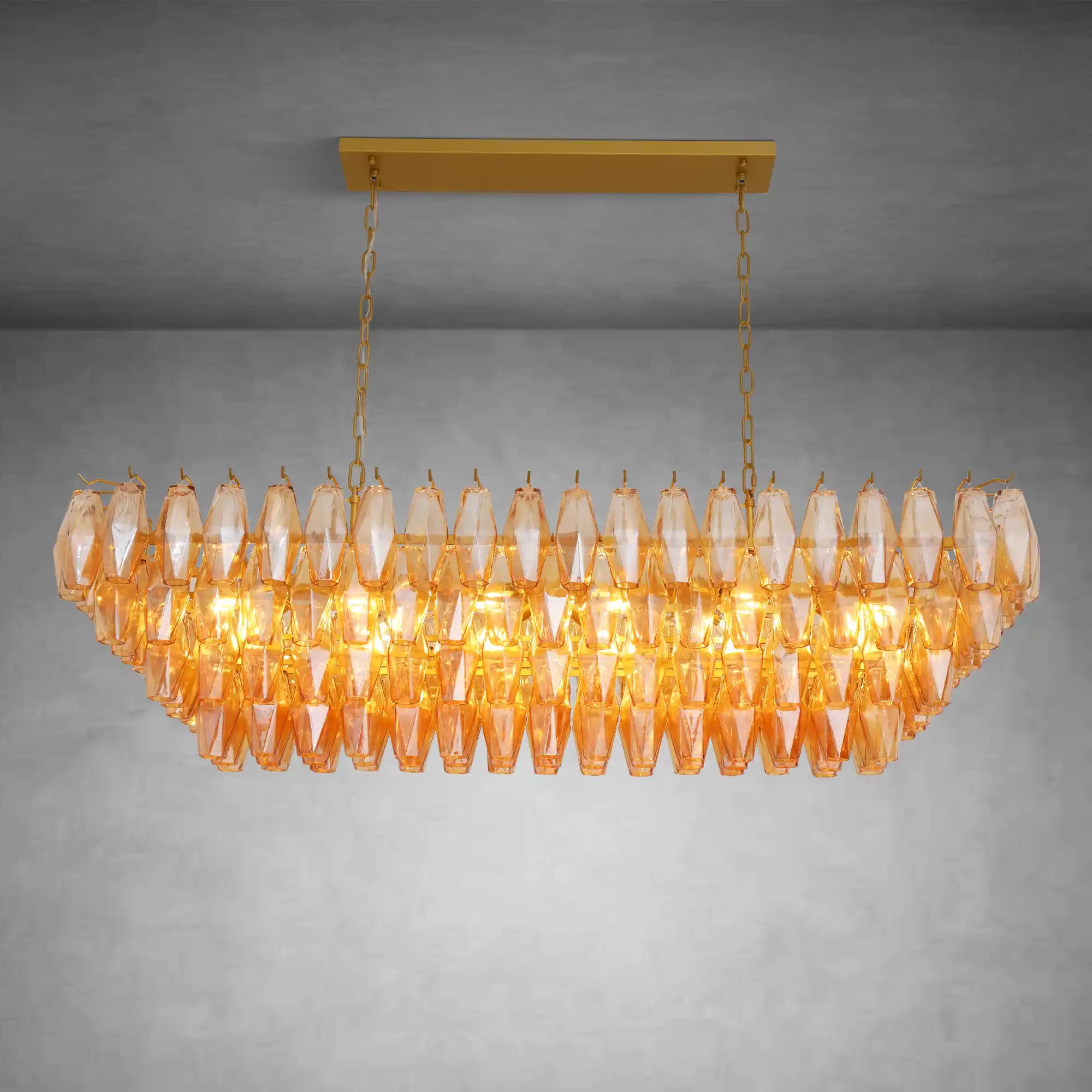 Gold Rectangular 54" 12-Light Smoke Glass Modern Dining Chandelier